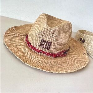 Miu Miu Natural Straw Hat with Red Braided Trim